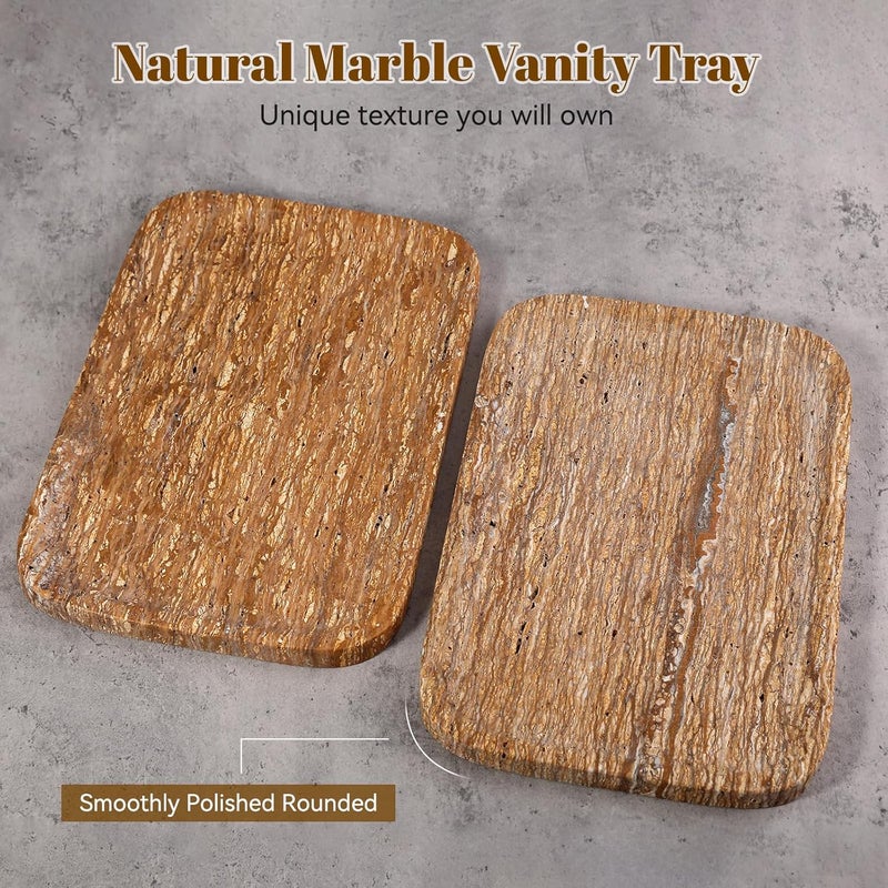 karibiber Natural Marble Vanity Tray, 11.8" Travertine/Stone Bathroom Tray Countertop, Golden Stone for Perfume Jewelry Holder, Decorative Dresser Organizer, Storage for Kitchen Sink(Walnut Traver) - Image 2